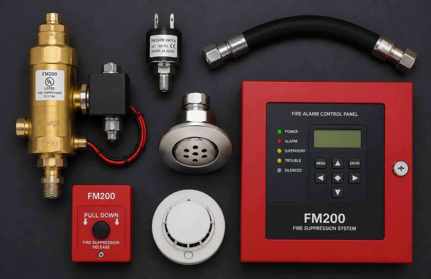 Komponen sistem FM200: container valve, solenoid, pressure switch, nozzle, panel, detektor